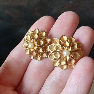 Vtg Marcel Boucher Dahlia Clip-on Earrings, Brushed Gold Tone, 7/8 inches